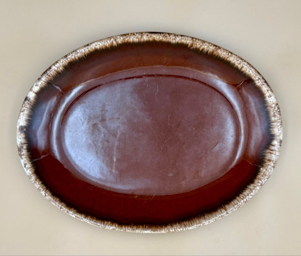 Vintage Hull Pottery USA Brown Drip Glaze Oval Serving Platter 12” Mid Century